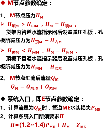 M节点参数确定：1、 M节点压力𝑯𝐌 𝑯顶𝐌  > 𝑯内𝐌 ，𝑯𝐌=𝑯顶𝐌 ，    货架内管道水流指示器后设置减压孔板，孔板所减压力为𝑯顶𝐌 −𝑯内𝐌 𝑯顶𝐌  < 𝑯内𝐌 ，𝑯𝐌=𝑯内𝐌 ，    顶板下管道水流指示器后设置减压孔板，孔板所减压力为𝑯内𝐌 −𝑯顶𝐌 2、 M节点汇流后流量 𝑸 𝐌          𝑸 𝐌 = 𝑸 𝐌 顶+  𝑸 𝐌 内系统入口，即E节点参数确定：1、计算流量为 𝑸 𝐌 时，管道ME水头损失𝑷𝐌𝐄2、计算系统入口所须要求𝑯        𝑯=(1.2~1.4)𝑷𝐌𝐄+𝑯𝐌+ 𝒁𝐌𝐄