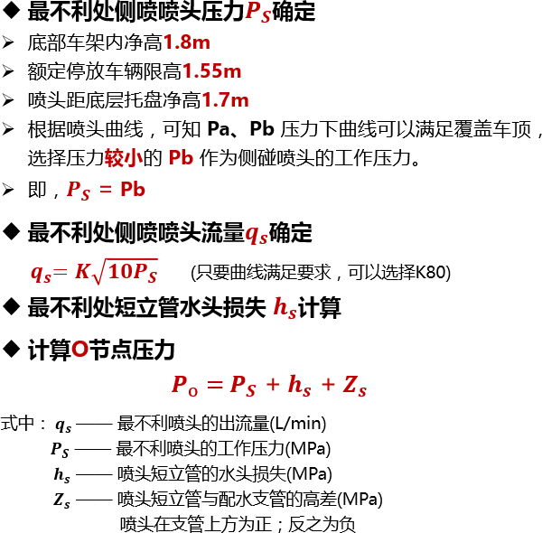 最不利处侧喷喷头压力 𝑷 𝑺 确定底部车架内净高1.8m额定停放车辆限高1.55m喷头距底层托盘净高1.7m根据喷头曲线，可知 Pa、Pb 压力下曲线可以满足覆盖车顶，选择压力较小的 Pb 作为侧碰喷头的工作压力。即， 𝑷 𝑺  = Pb最不利处侧喷喷头流量 𝒒 𝒔 确定       𝒒 𝒔 =𝑲  𝟏𝟎 𝑷 𝑺       (只要曲线满足要求，可以选择K80)最不利处短立管水头损失  𝒉 𝒔 计算计算O节点压力 𝑷 o =  𝑷 𝑺  +  𝒉 𝒔  +  𝒁 𝒔 式中：  𝒒 𝒔  —— 最不利喷头的出流量(L/min)           𝑷 𝑺  —— 最不利喷头的工作压力(MPa)               𝒉 𝒔  —— 喷头短立管的水头损失(MPa)               𝒁 𝒔  —— 喷头短立管与配水支管的高差(MPa)                        喷头在支管上方为正；反之为负